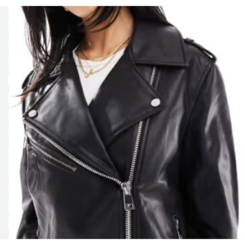 River Island London Womens Black Faux Leather Biker Jacket Curves‎ Edit Size 24